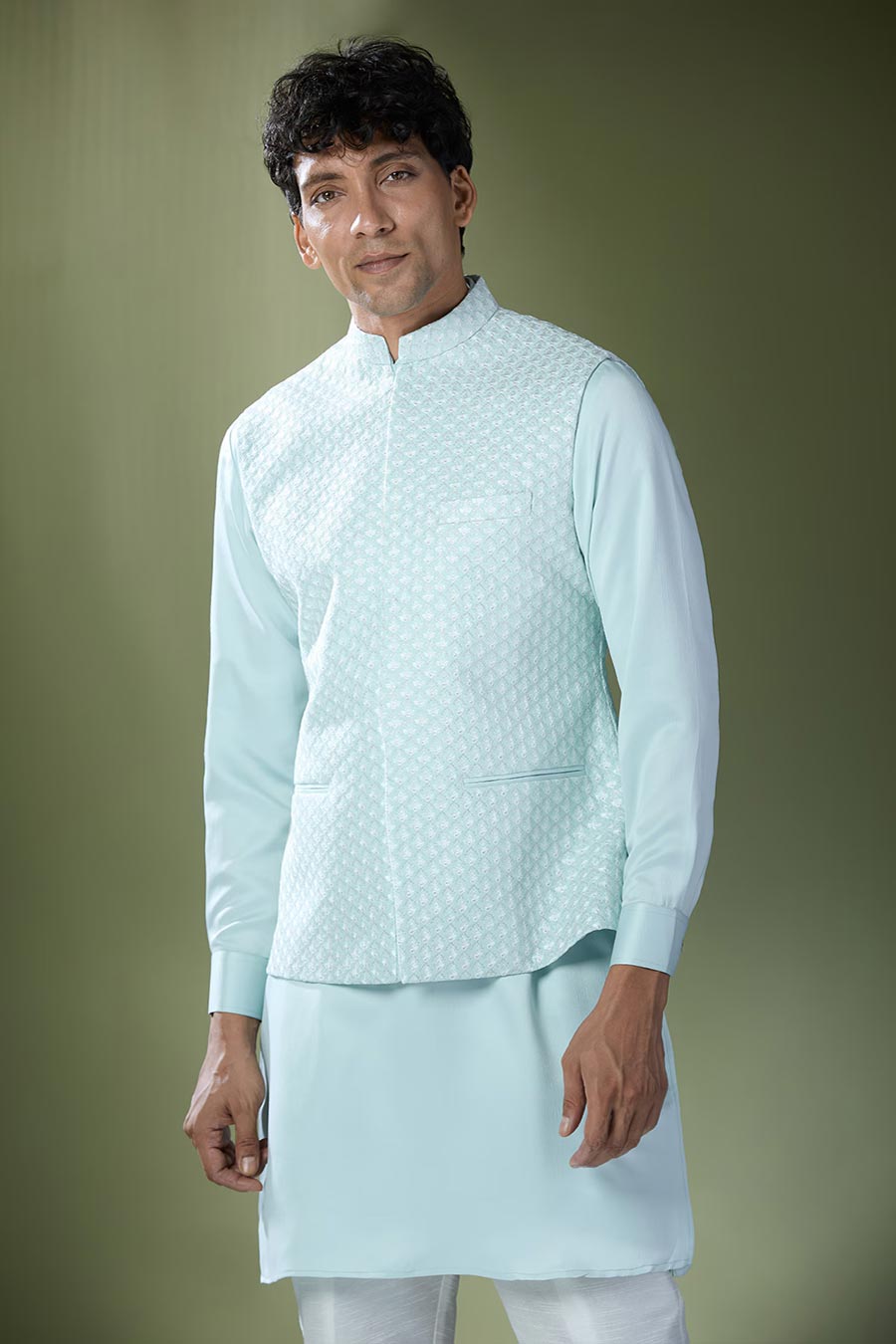 Aqua Blue Kurta Set With Embroidered Jacket