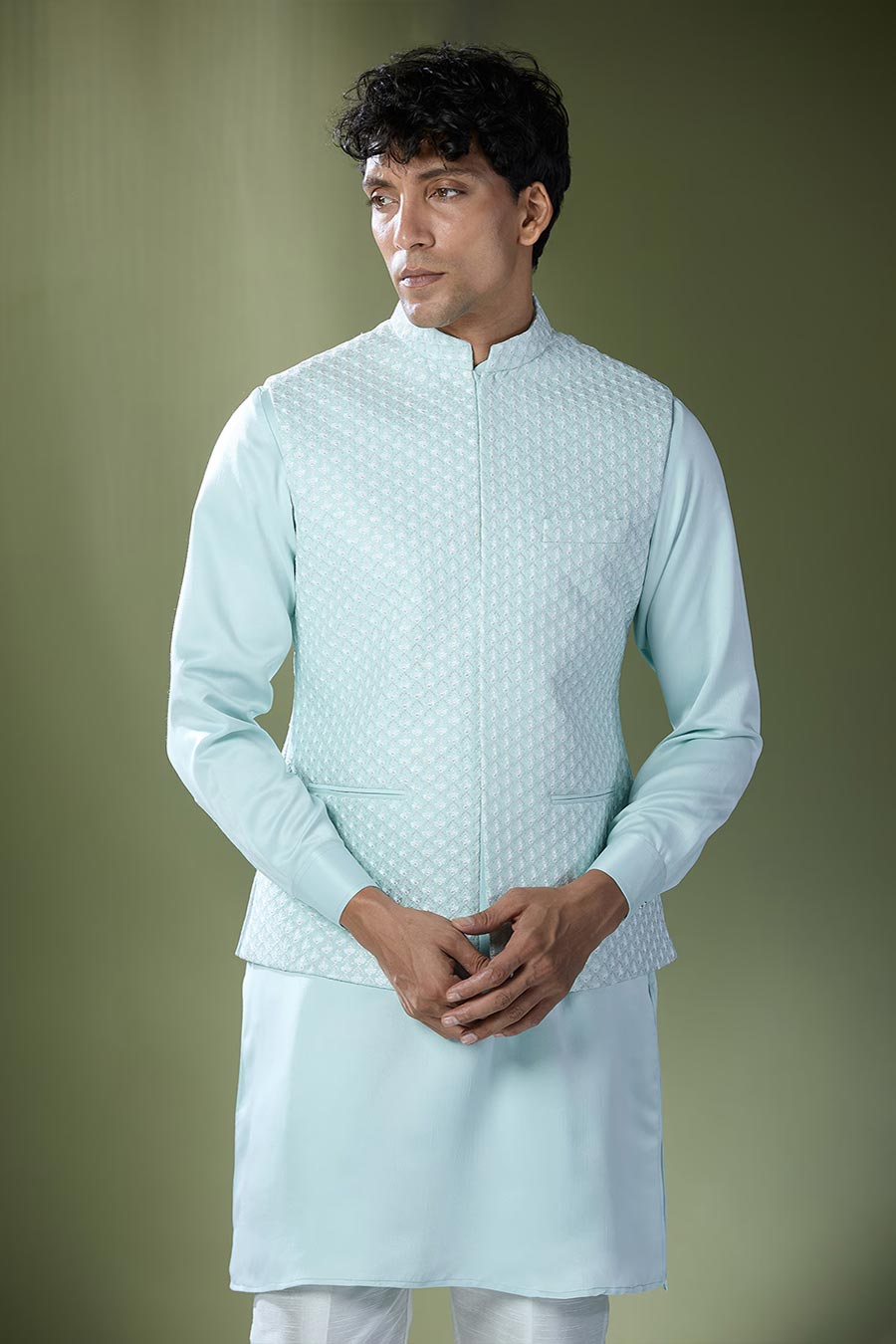 Aqua Blue Kurta Set With Embroidered Jacket