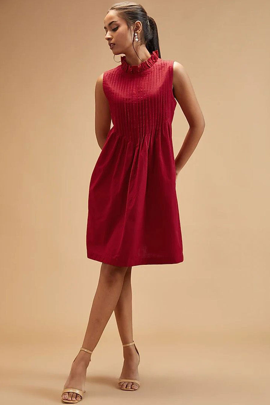 Shop Scarlet Red Pleated Dress by THEROVERJOURNAL at House of Designers ...