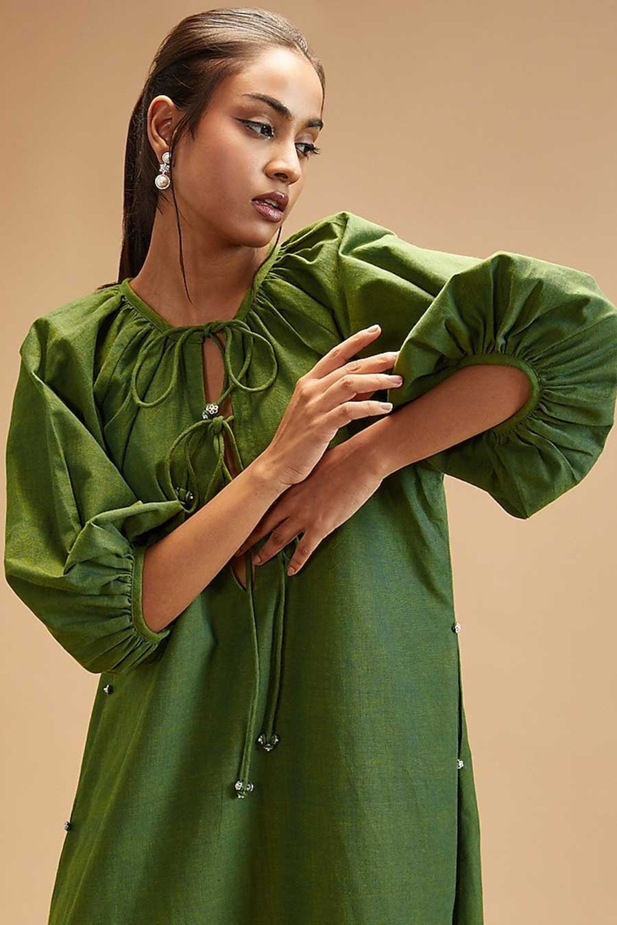 Basil Green Gathered Dress