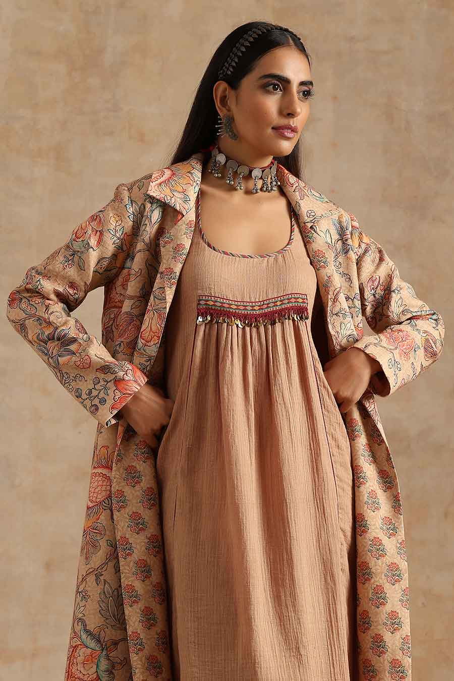 Badami Jaal Printed Dress & Jacket Set