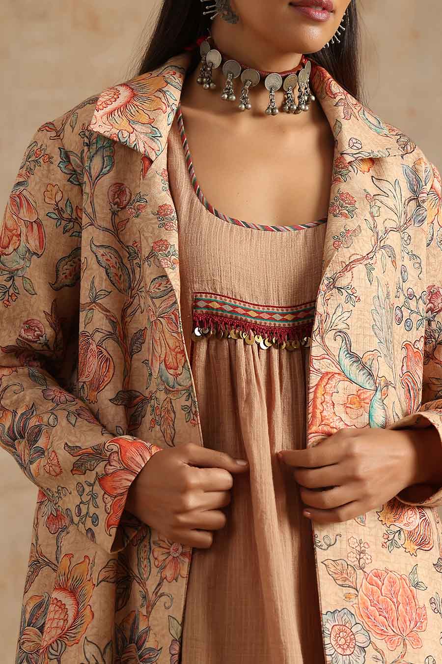Badami Jaal Printed Dress & Jacket Set