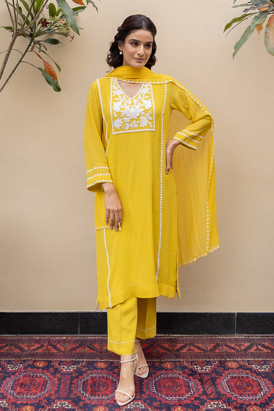Mustard Pearl Embroidered Kali Kurta Set
