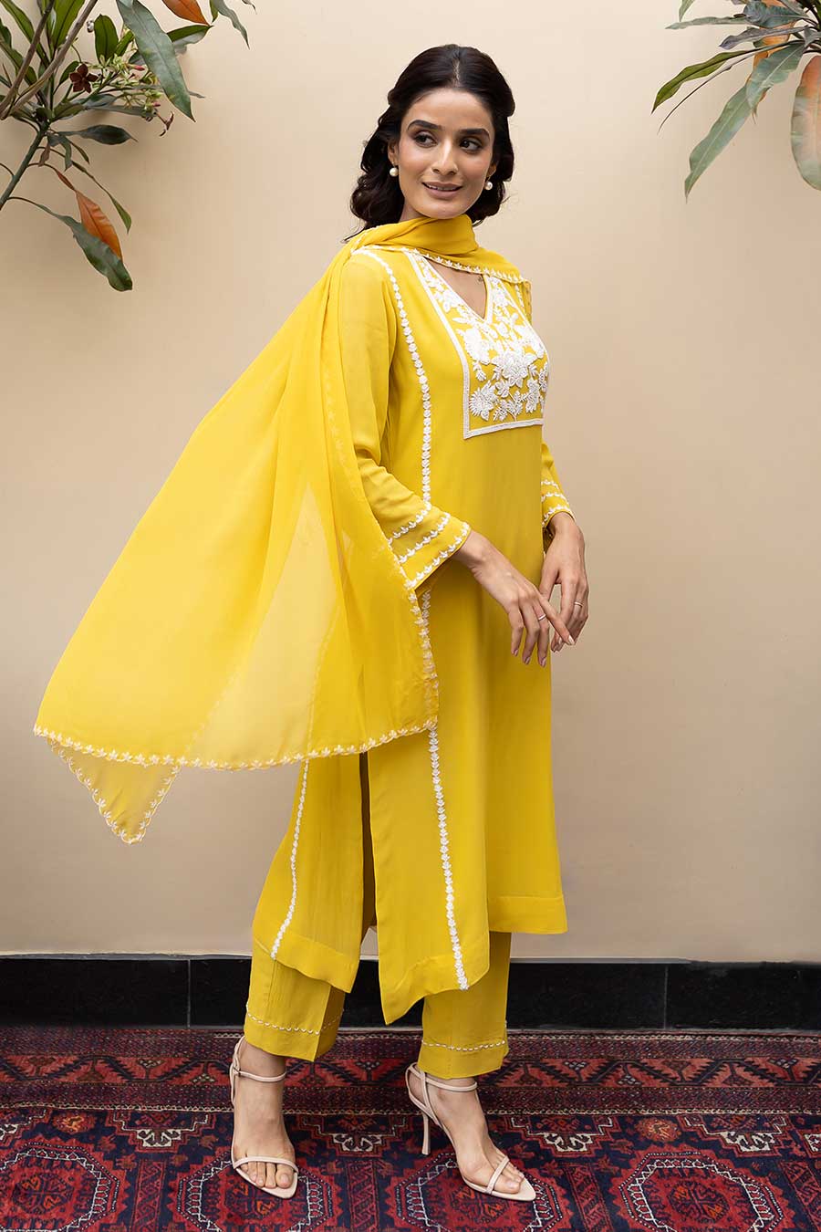Mustard Pearl Embroidered Kali Kurta Set