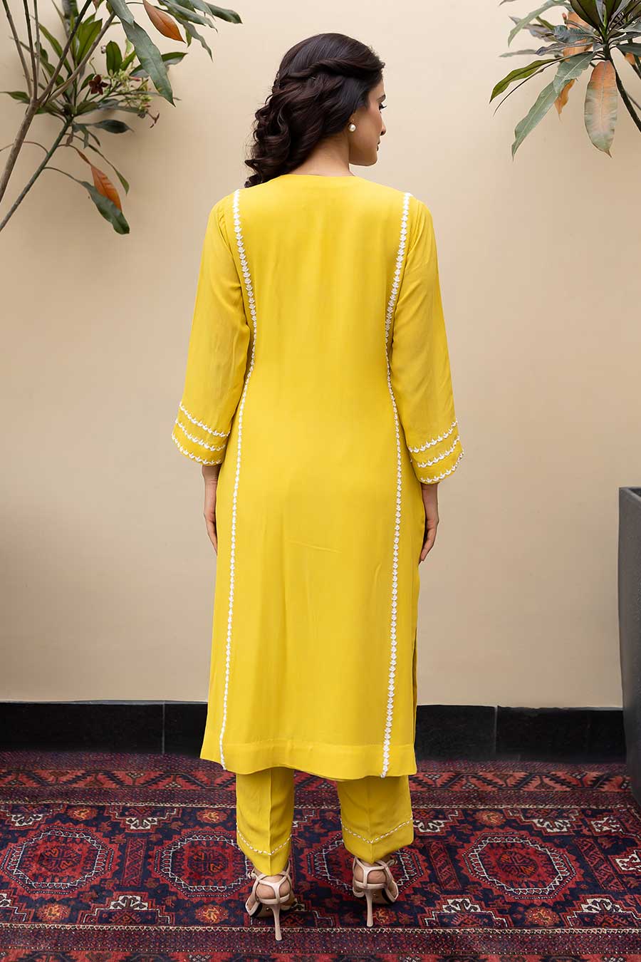 Mustard Pearl Embroidered Kali Kurta Set