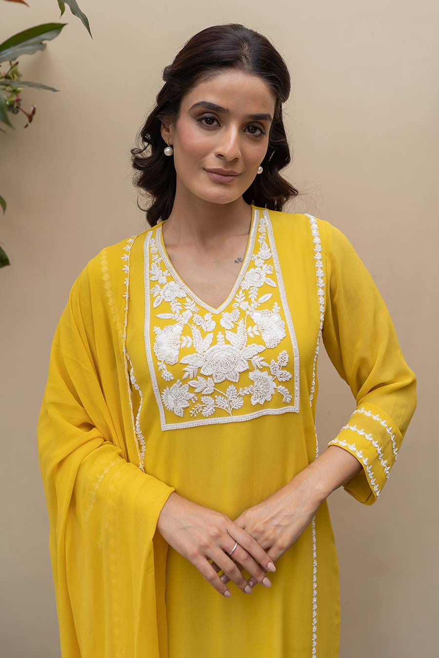 Mustard Pearl Embroidered Kali Kurta Set