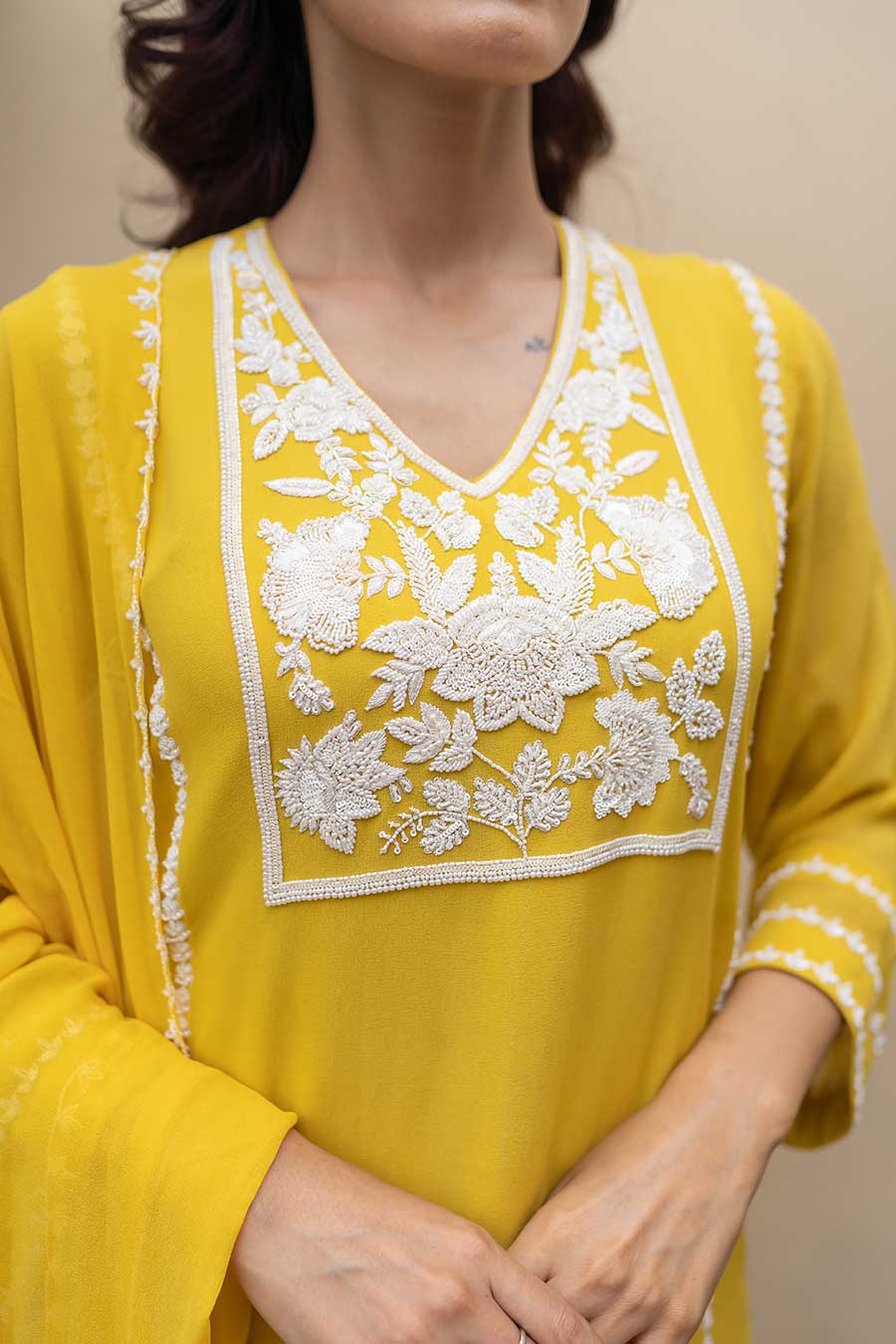 Mustard Pearl Embroidered Kali Kurta Set