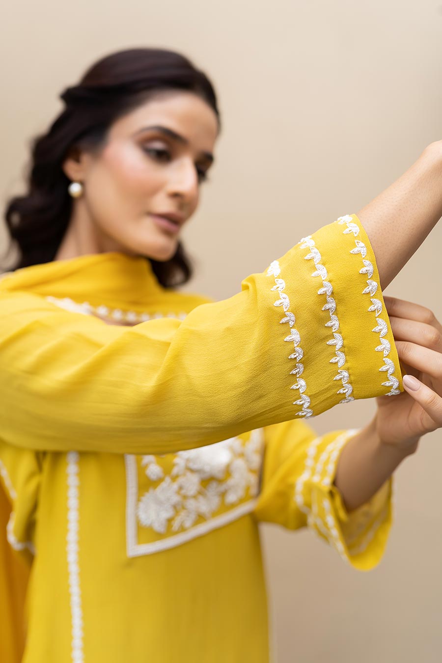 Mustard Pearl Embroidered Kali Kurta Set