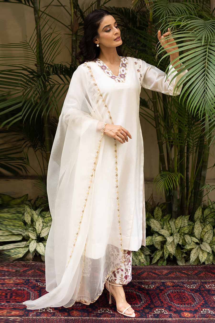Ivory Chanderi Embroidered Kali Kurta Set