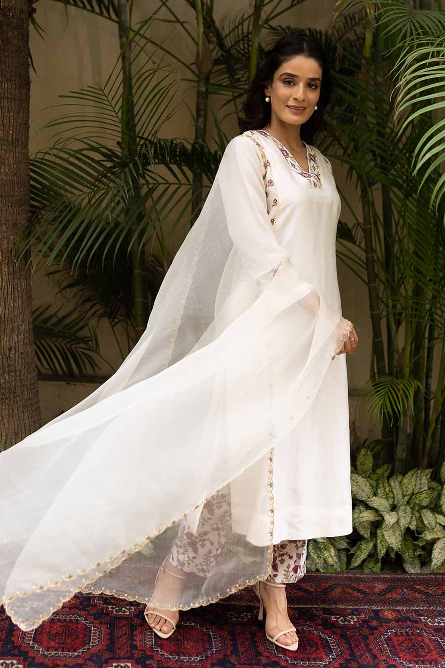 Ivory Chanderi Embroidered Kali Kurta Set