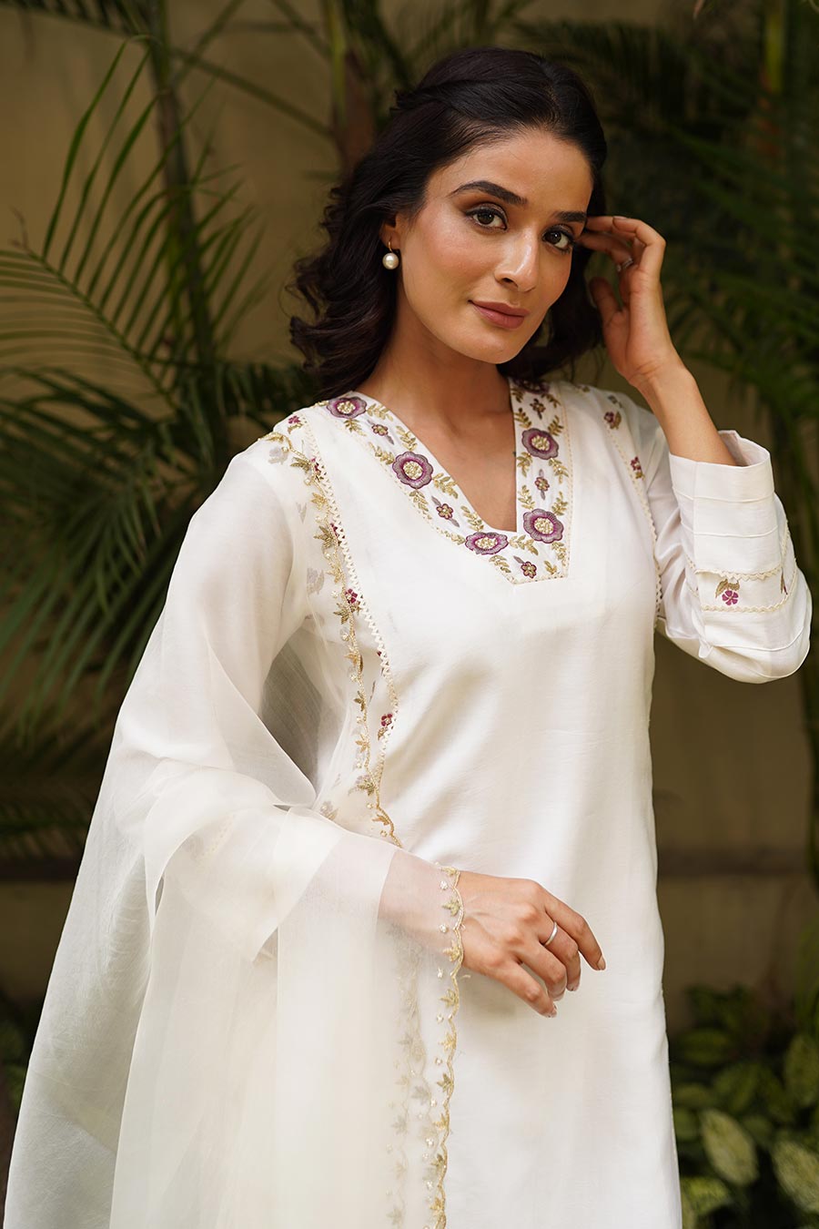Ivory Chanderi Embroidered Kali Kurta Set