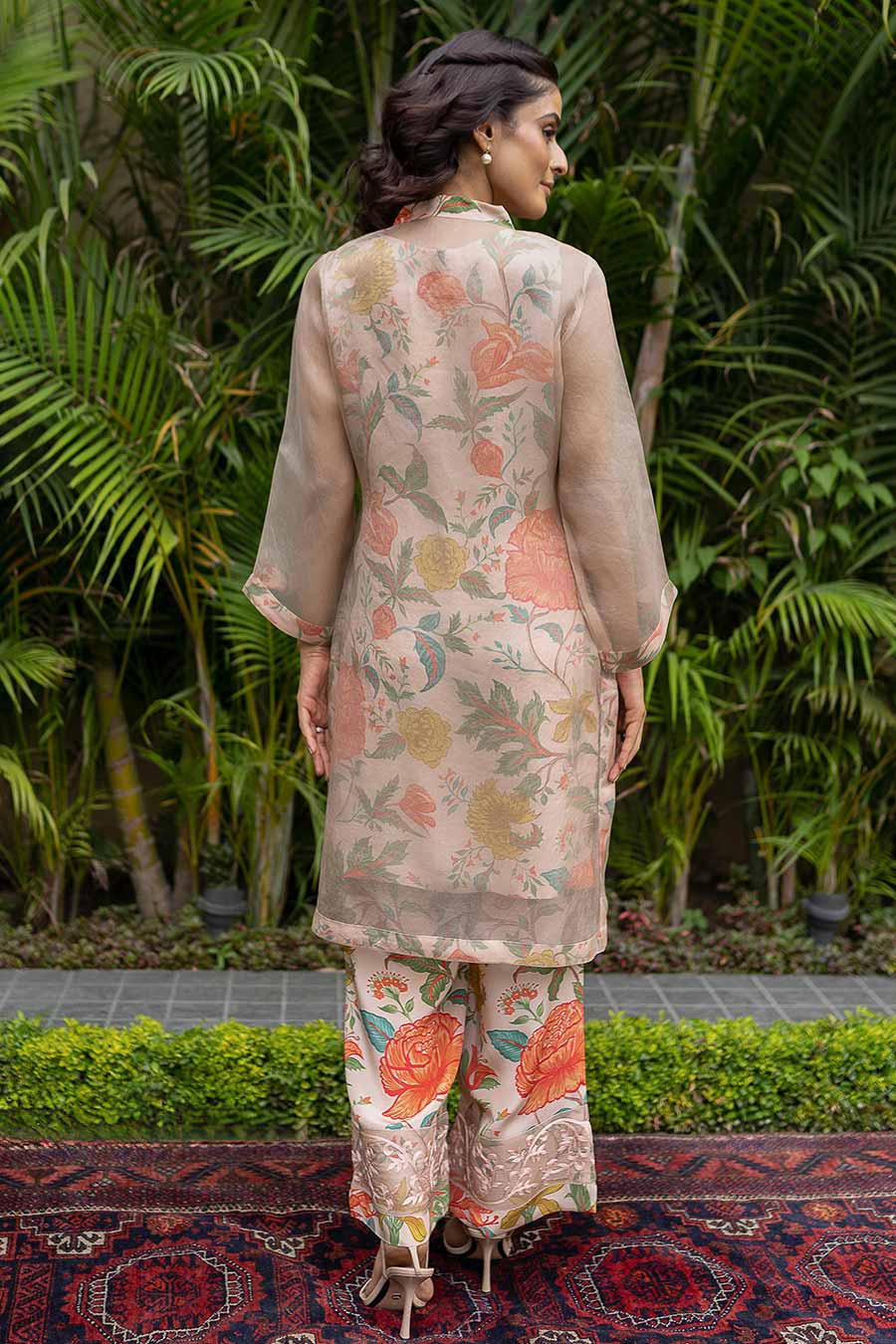 Peach Printed Co-Ord Set With Organza Overlay