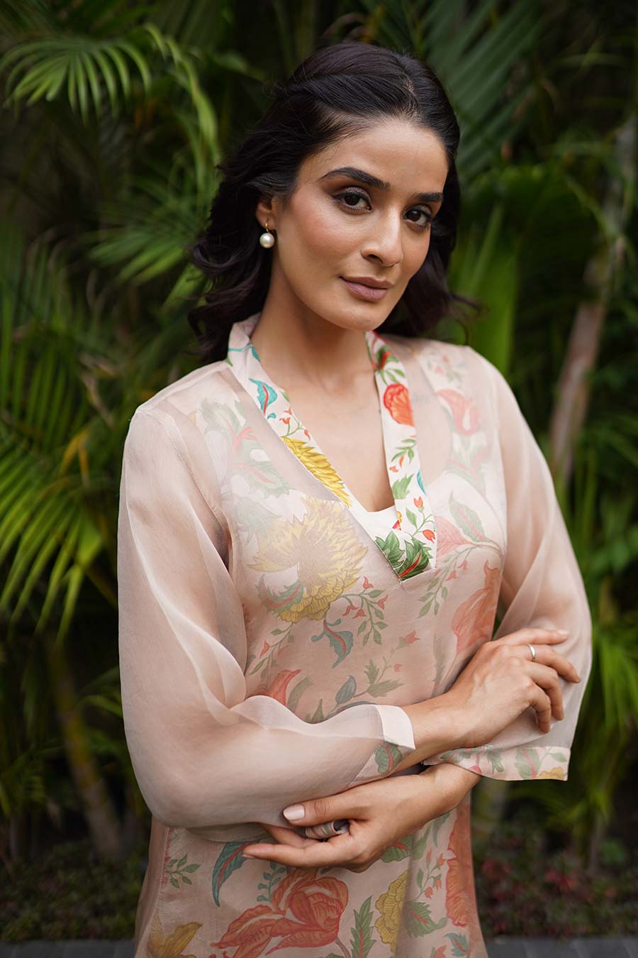 Peach Printed Co-Ord Set With Organza Overlay