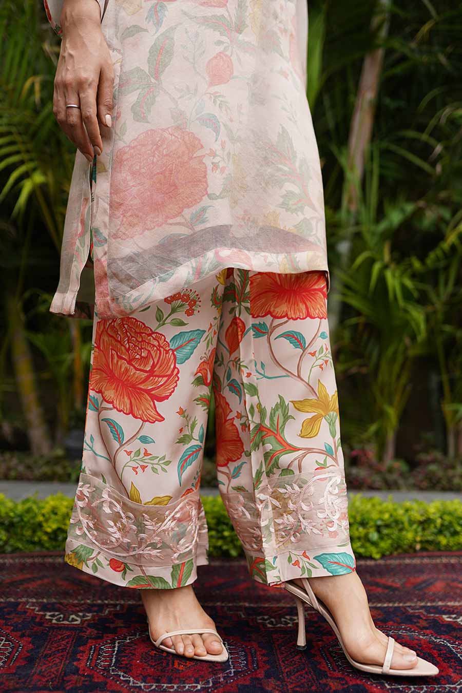 Peach Printed Co-Ord Set With Organza Overlay