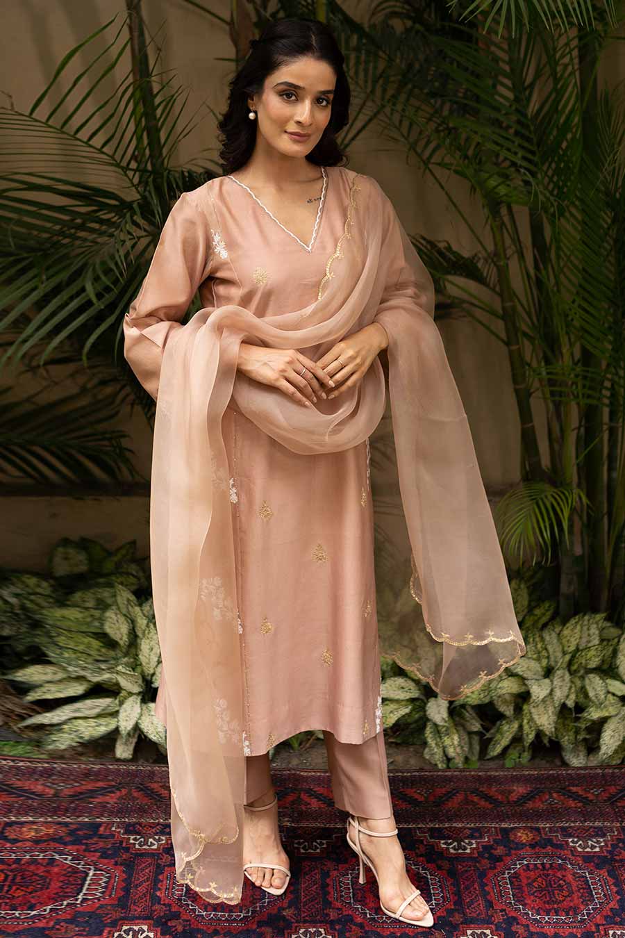 Beige Thread Embroidered Kali Kurta Set
