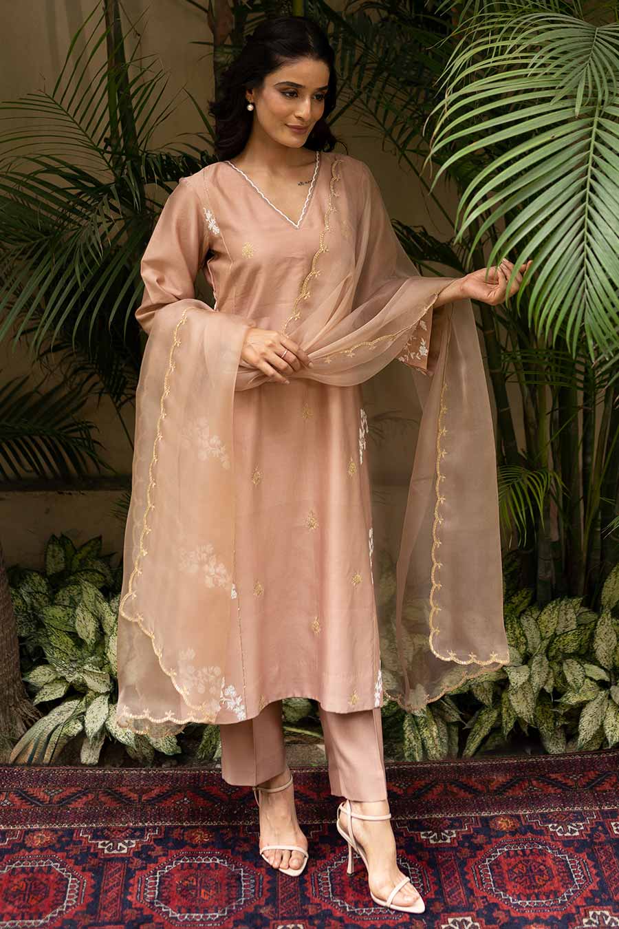 Beige Thread Embroidered Kali Kurta Set