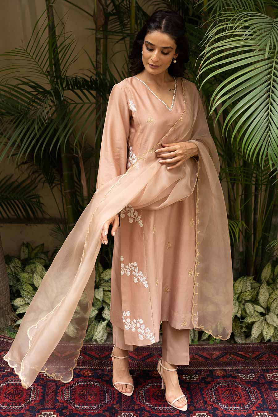 Beige Thread Embroidered Kali Kurta Set