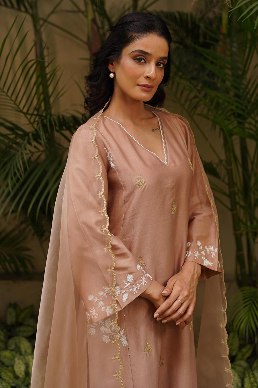 Beige Thread Embroidered Kali Kurta Set