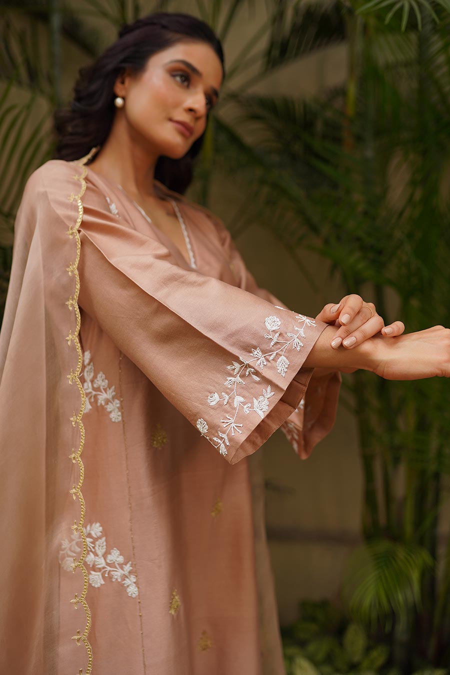 Beige Thread Embroidered Kali Kurta Set