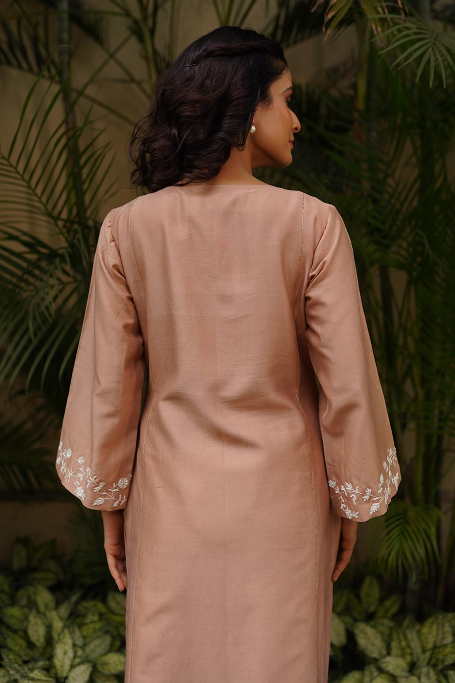 Beige Thread Embroidered Kali Kurta Set