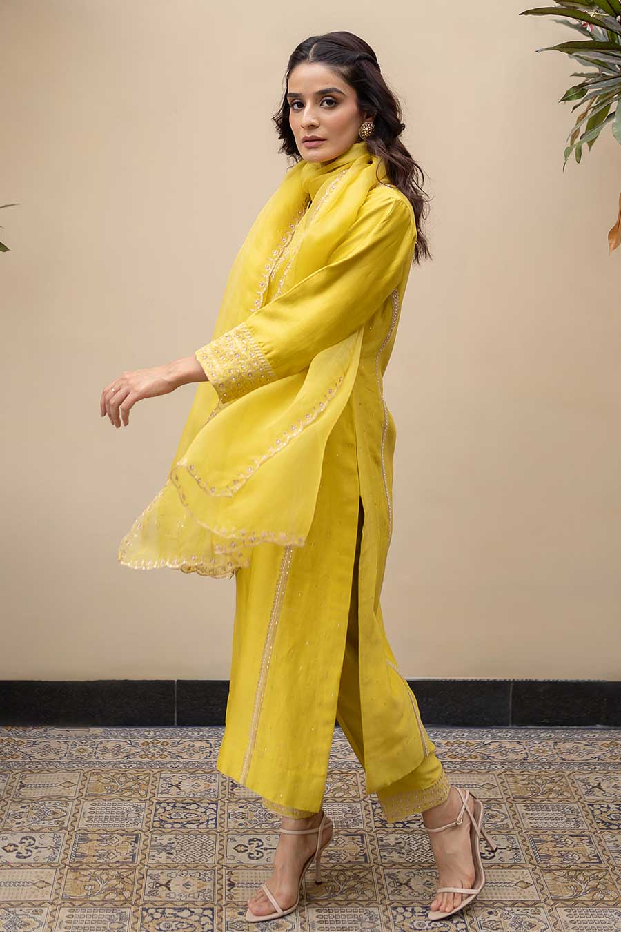 Lime Green Chanderi Embroidered Kali Kurta Set