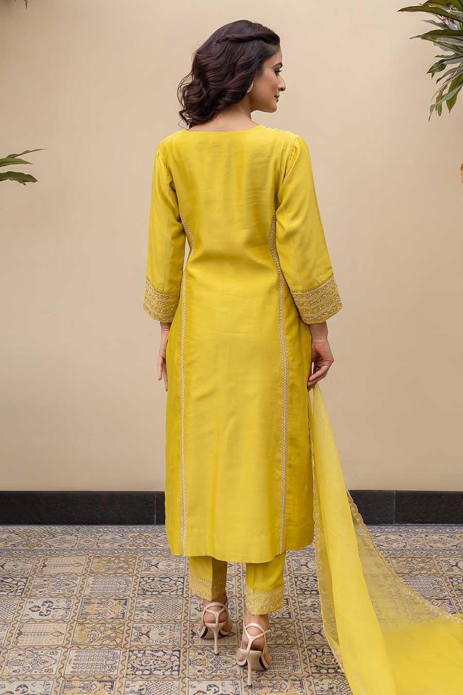 Lime Green Chanderi Embroidered Kali Kurta Set