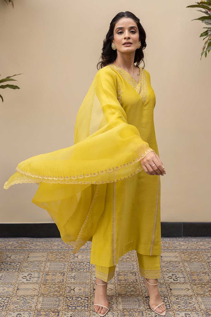 Lime Green Chanderi Embroidered Kali Kurta Set