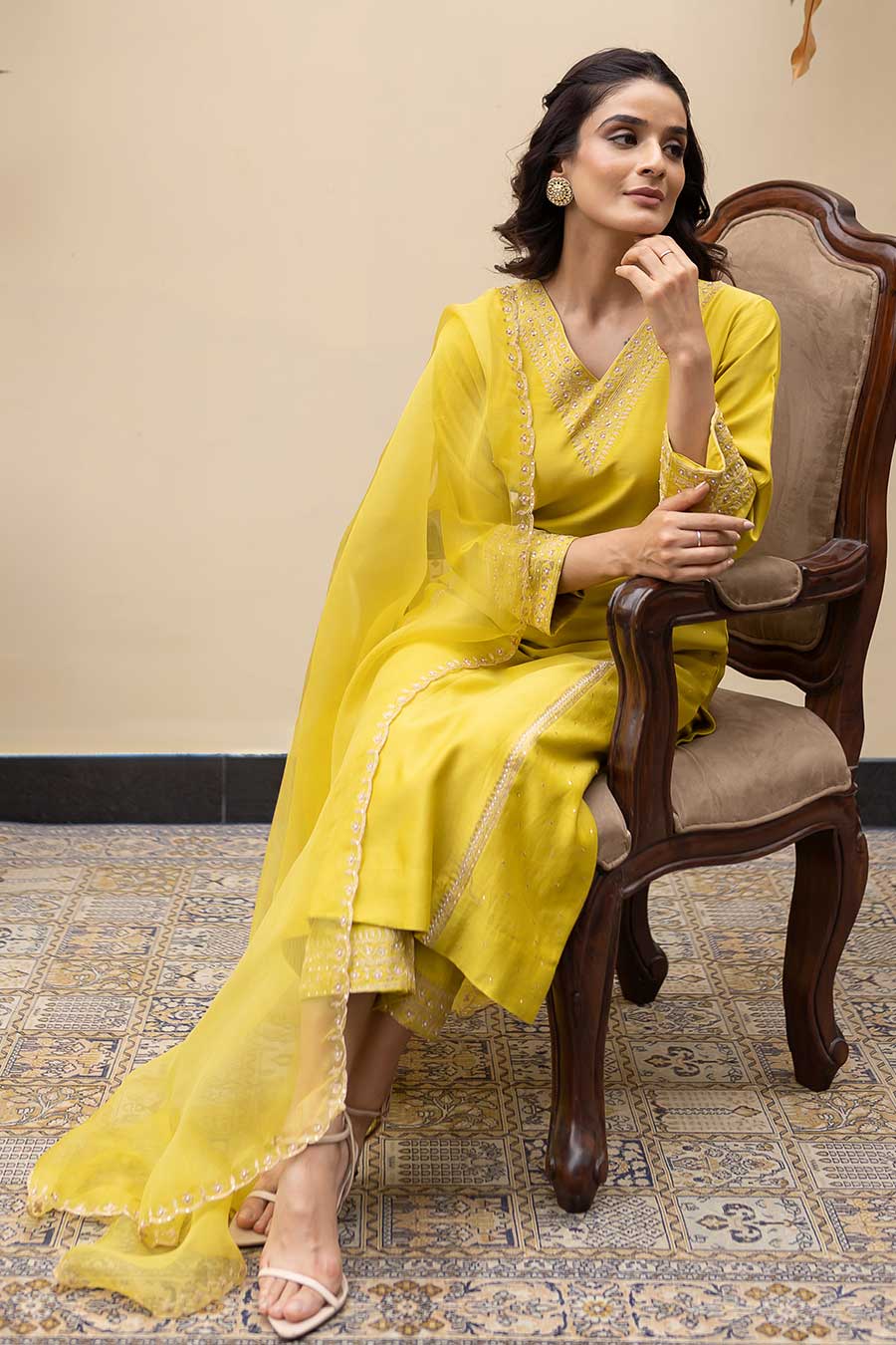 Lime Green Chanderi Embroidered Kali Kurta Set