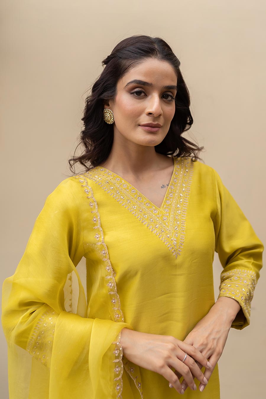 Lime Green Chanderi Embroidered Kali Kurta Set