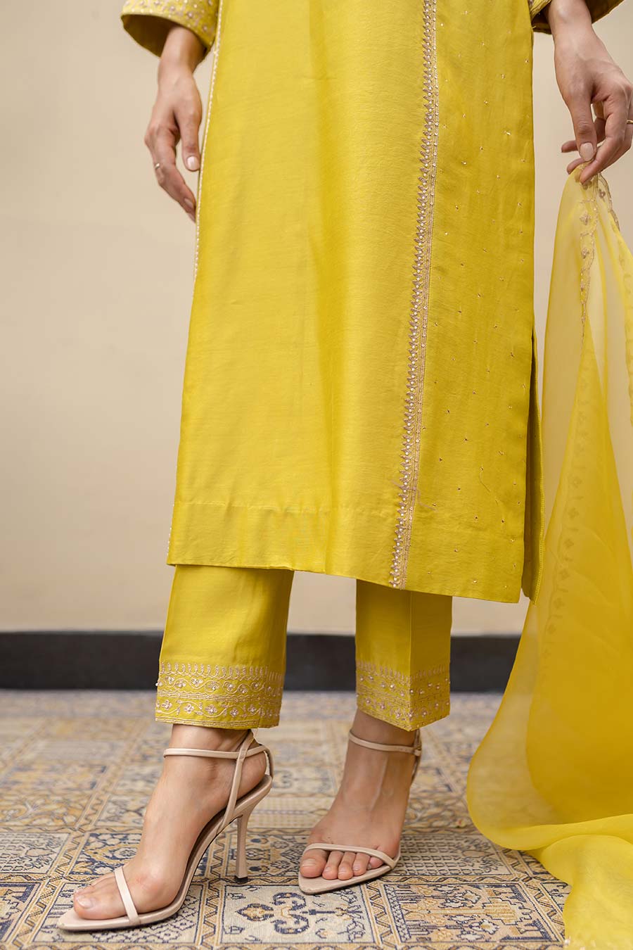 Lime Green Chanderi Embroidered Kali Kurta Set