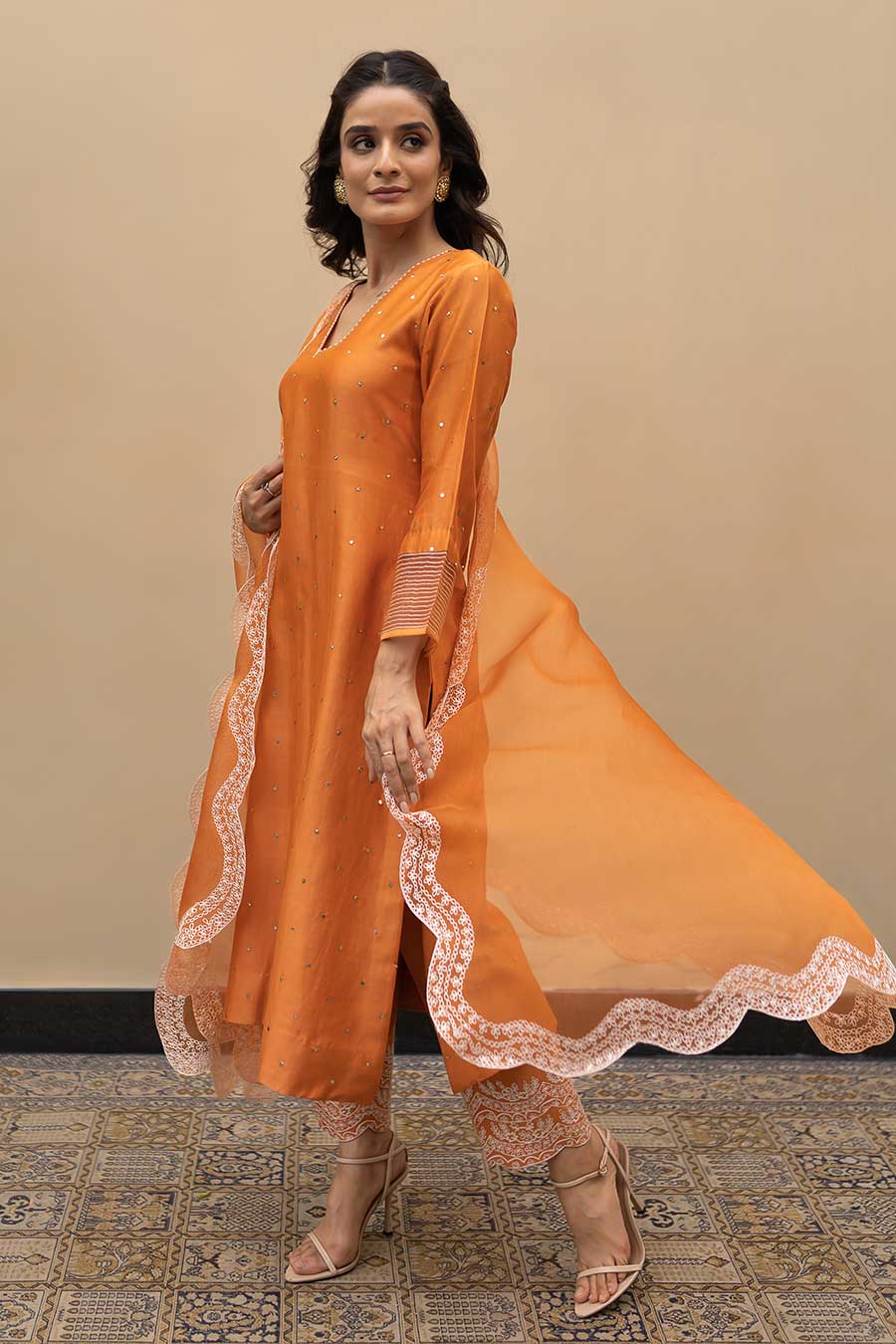 Burnt Orange Mukaish Kurta Set