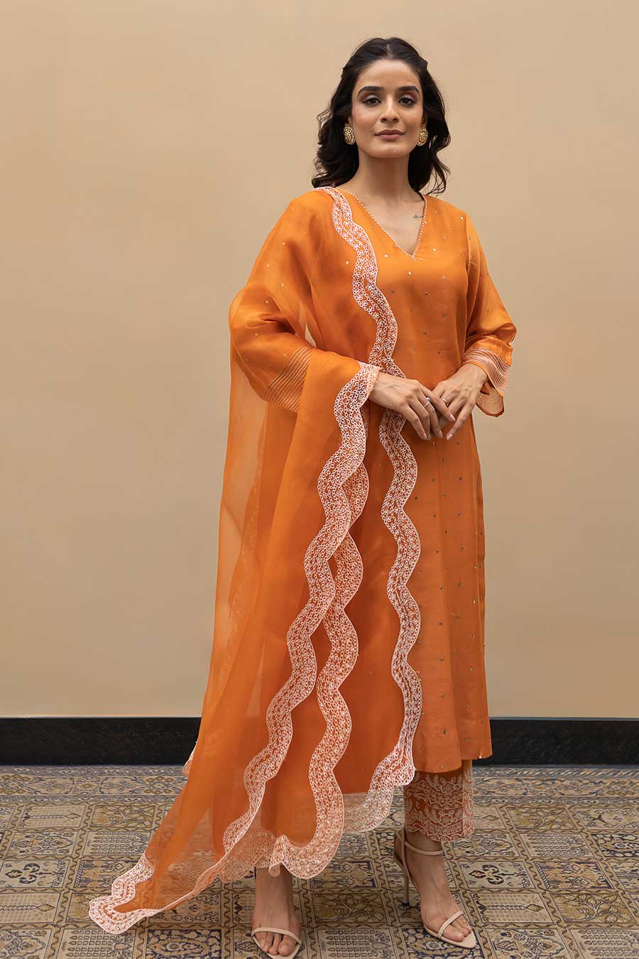 Burnt Orange Mukaish Kurta Set
