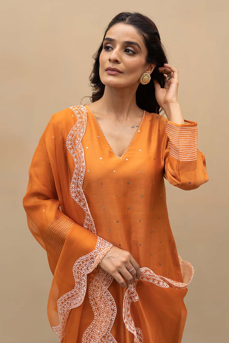 Burnt Orange Mukaish Kurta Set