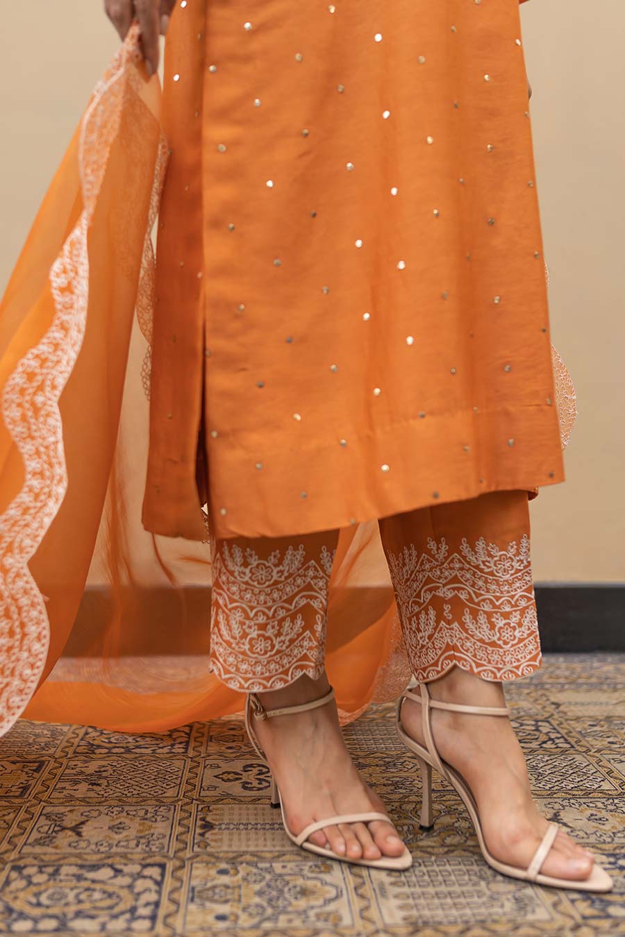 Burnt Orange Mukaish Kurta Set