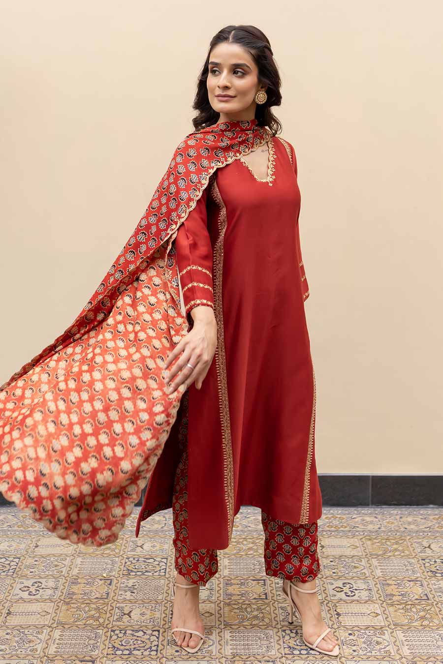 Wine Chanderi Embroidered Kali Kurta Set