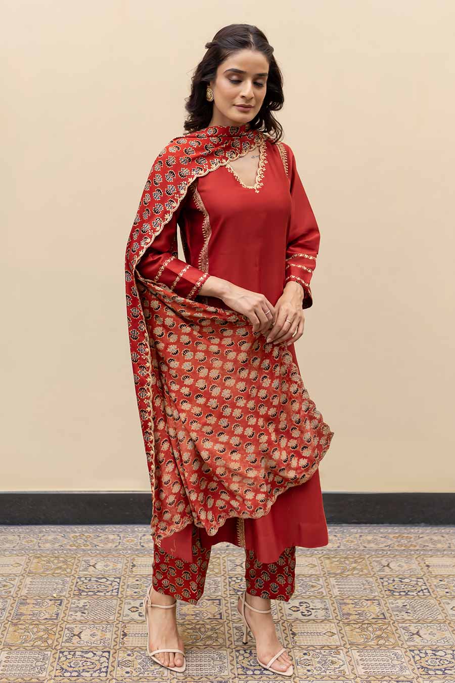 Wine Chanderi Embroidered Kali Kurta Set