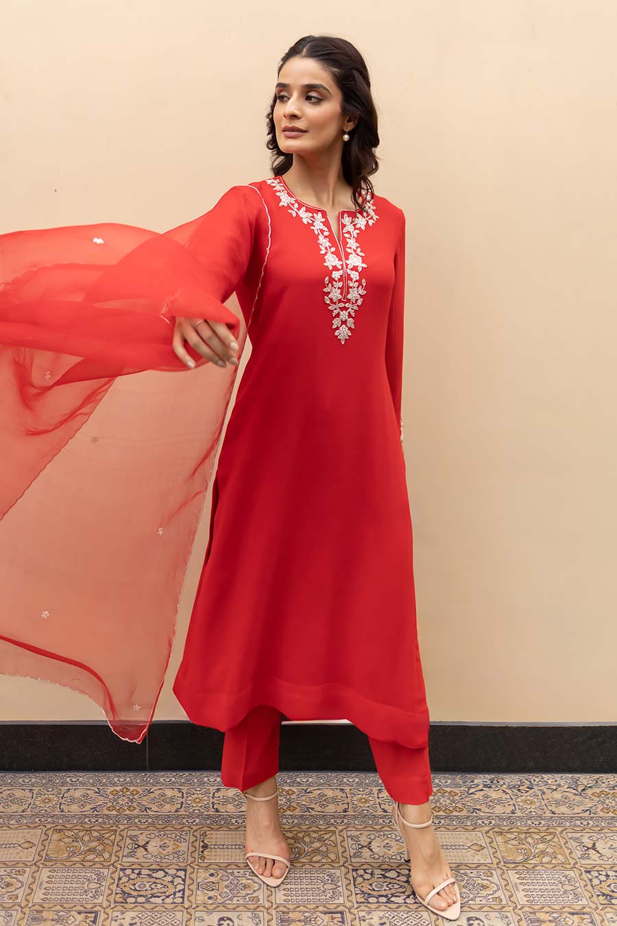 Crimson Red Floral Embroidered Kurta Set