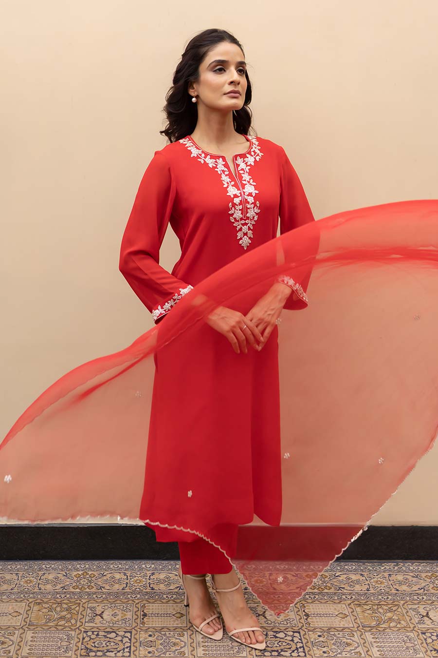 Crimson Red Floral Embroidered Kurta Set
