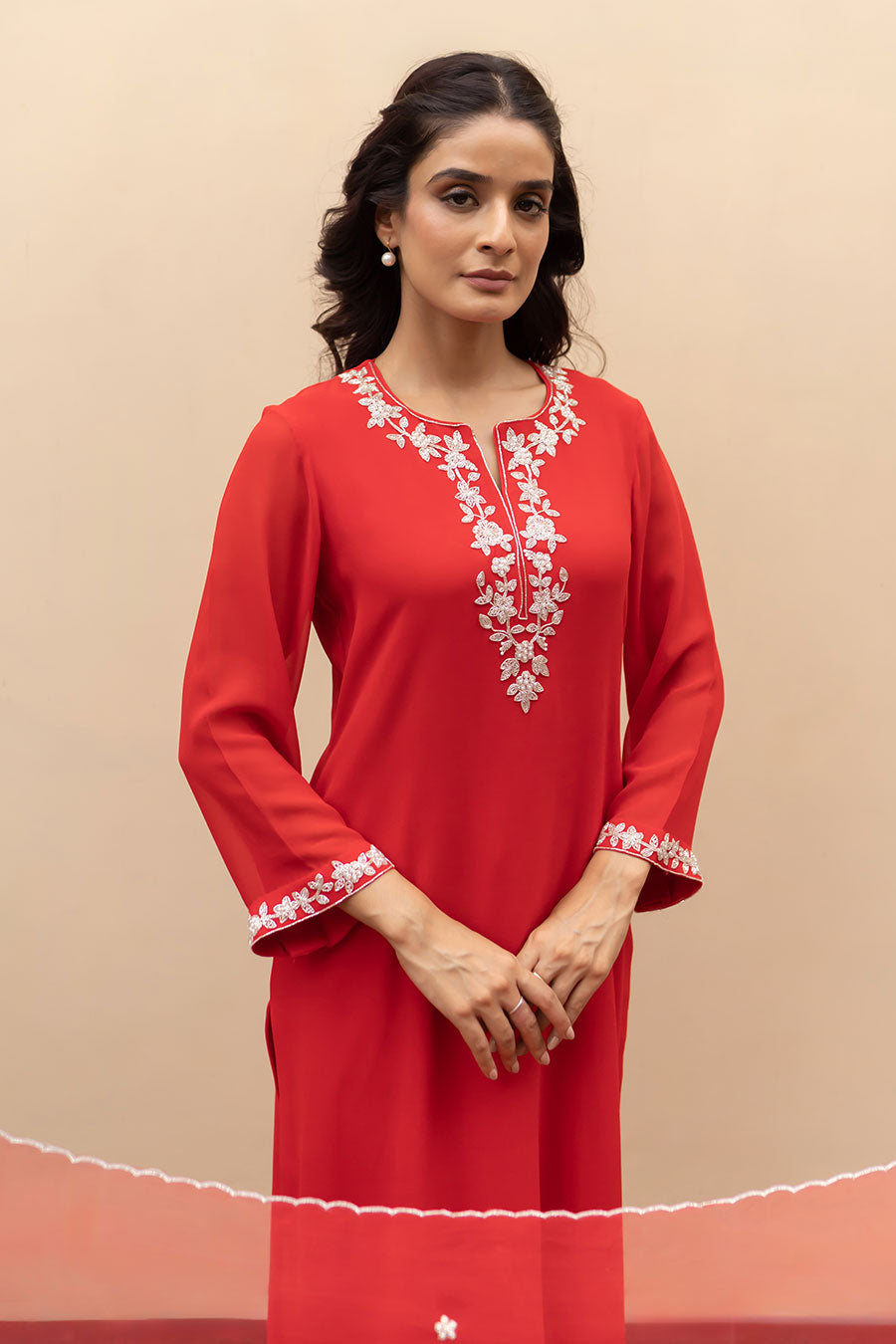 Crimson Red Floral Embroidered Kurta Set