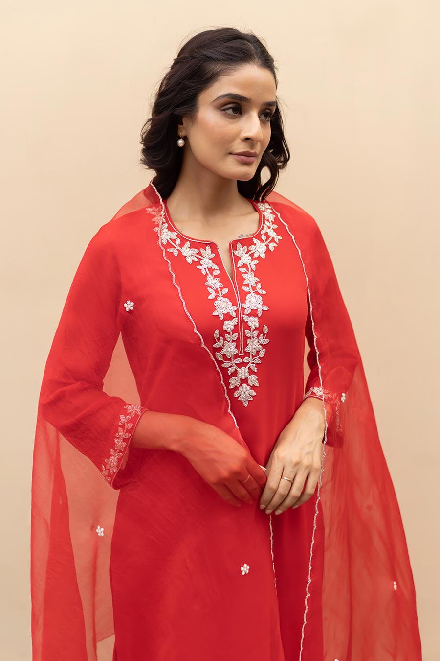 Crimson Red Floral Embroidered Kurta Set