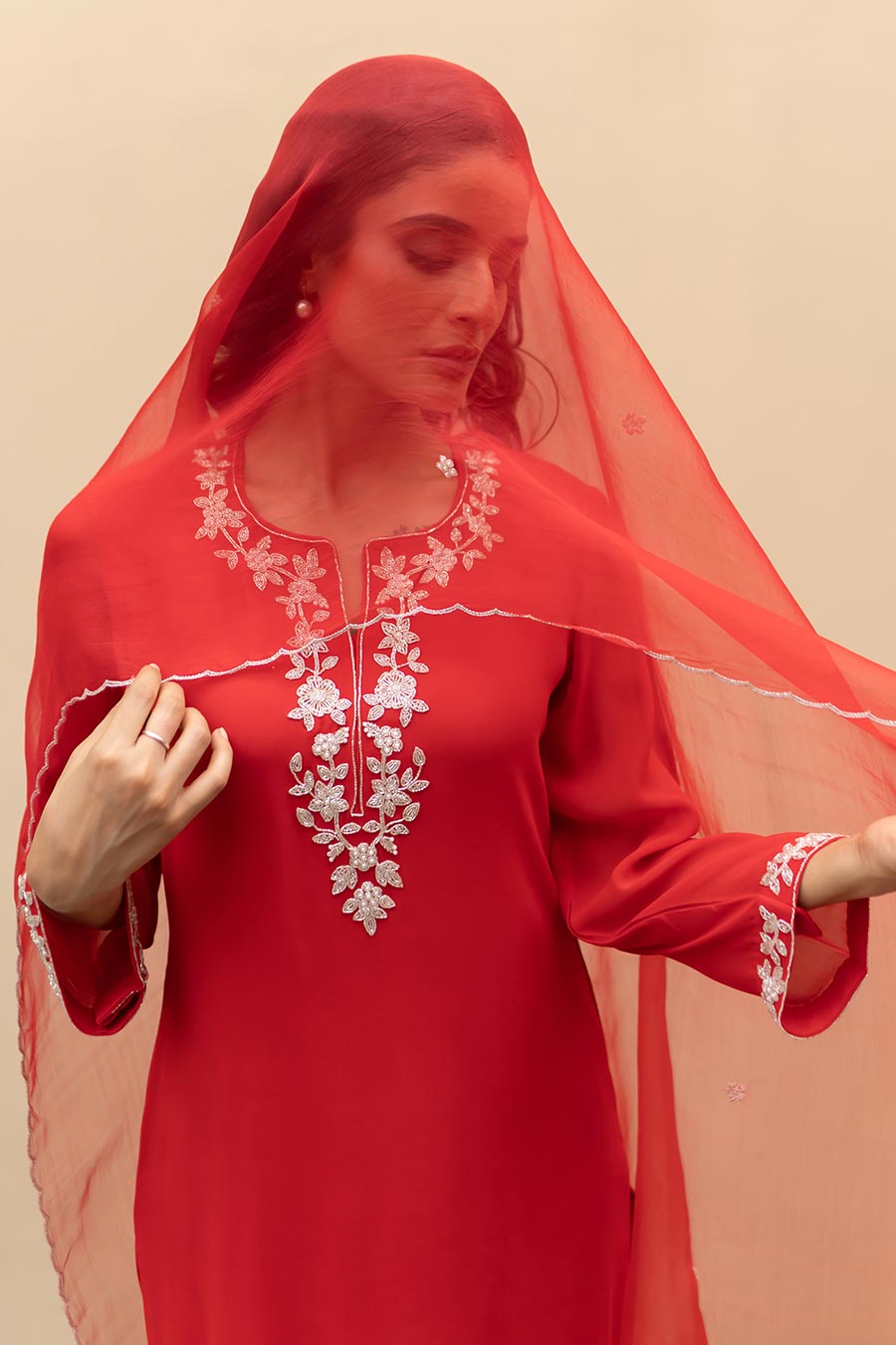 Crimson Red Floral Embroidered Kurta Set