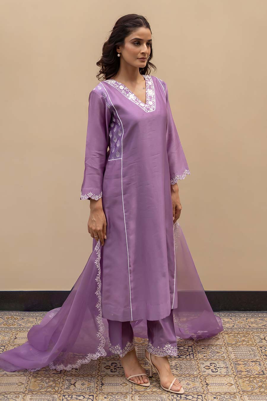 Lilac Chanderi Embroidered Kali Kurta Set