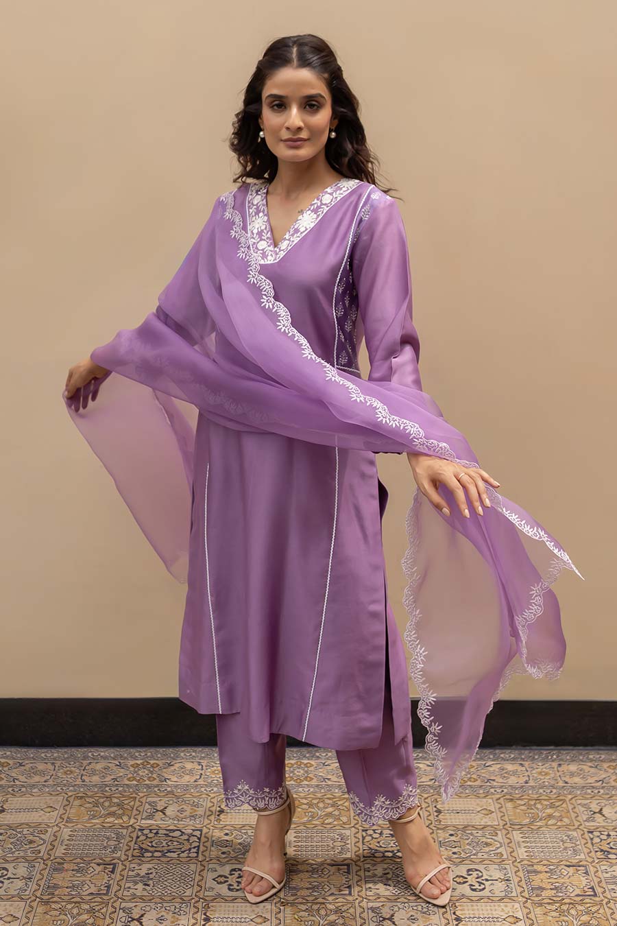 Lilac Chanderi Embroidered Kali Kurta Set