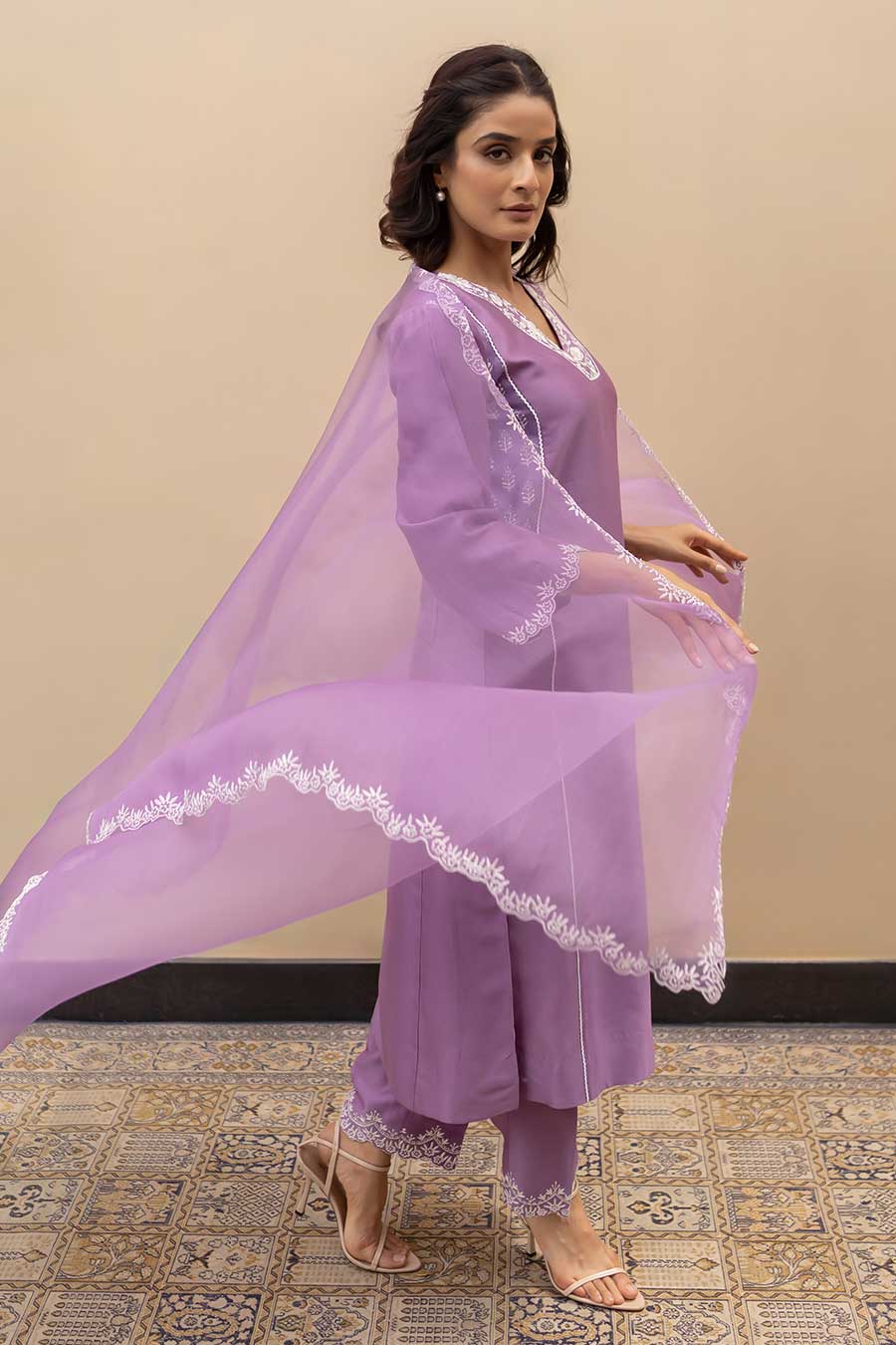 Lilac Chanderi Embroidered Kali Kurta Set