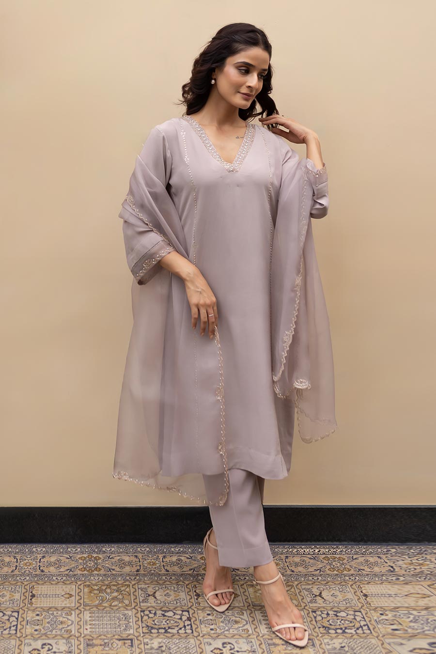 Dusty Lavender Chand Embroidered Kali Kurta Set