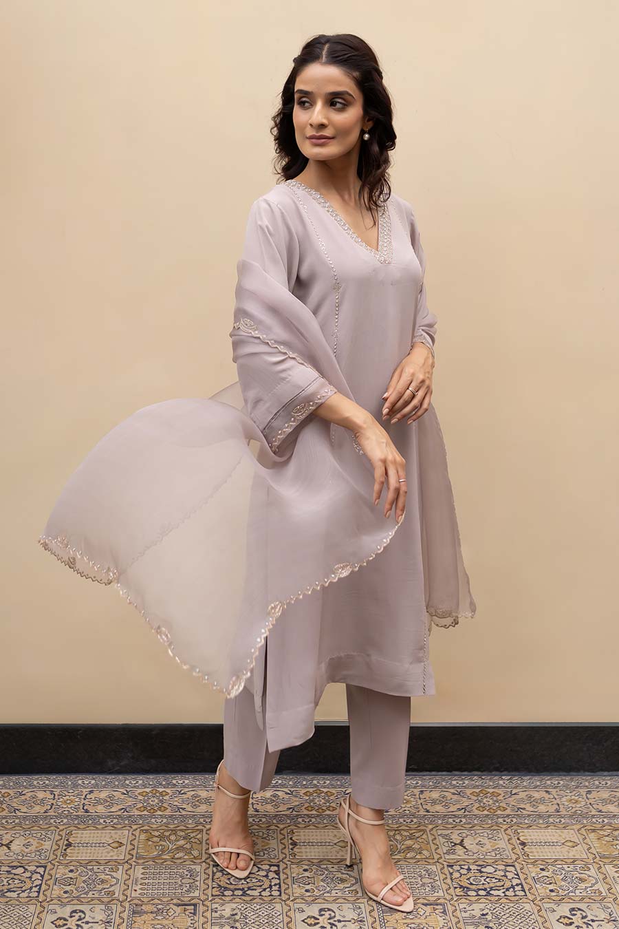 Dusty Lavender Chand Embroidered Kali Kurta Set