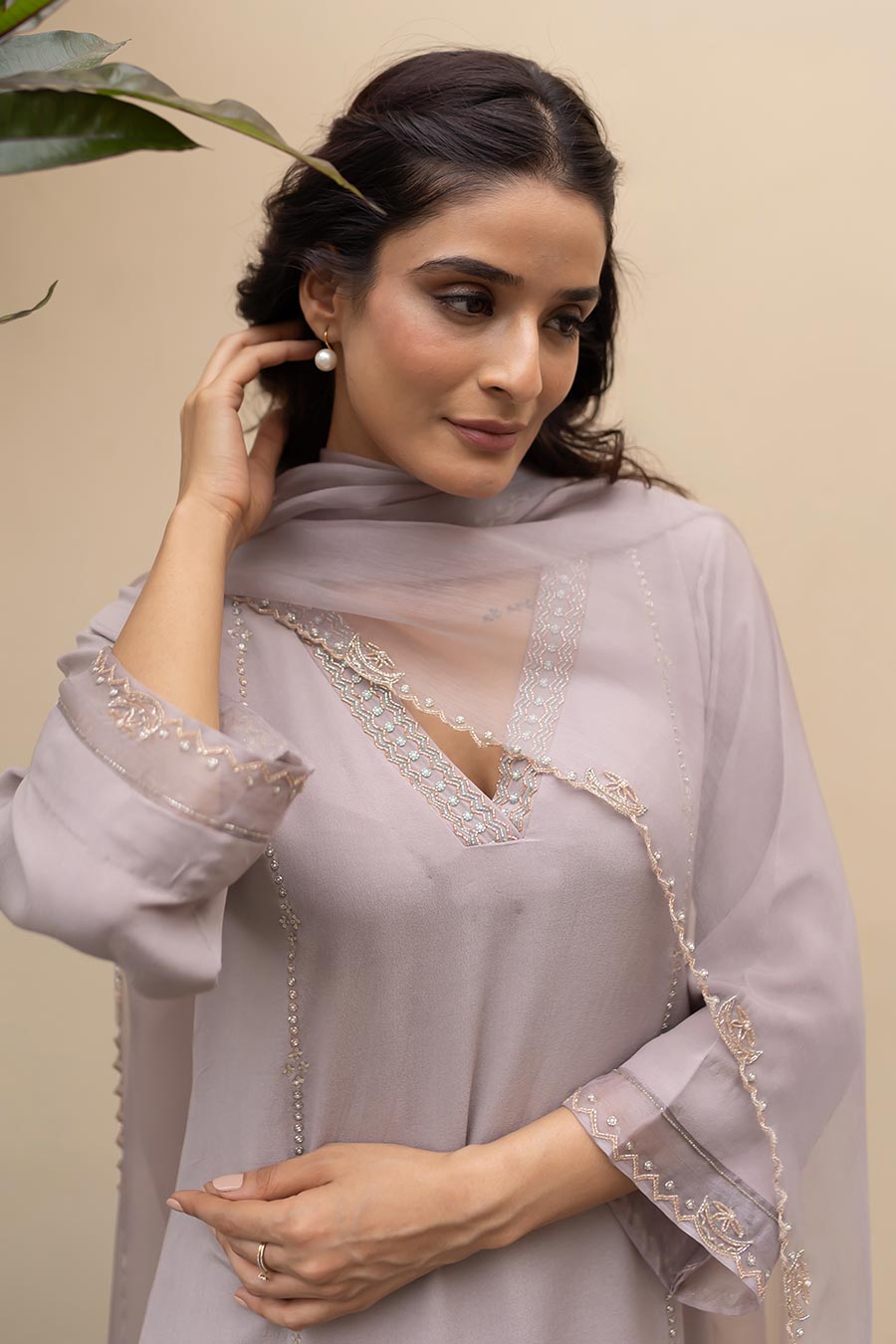 Dusty Lavender Chand Embroidered Kali Kurta Set