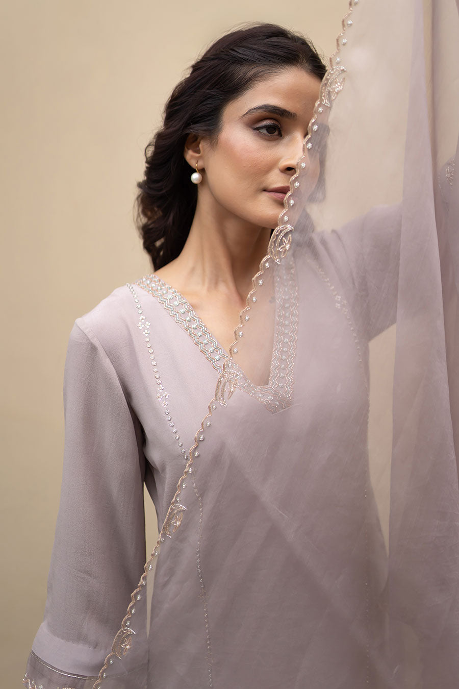 Dusty Lavender Chand Embroidered Kali Kurta Set