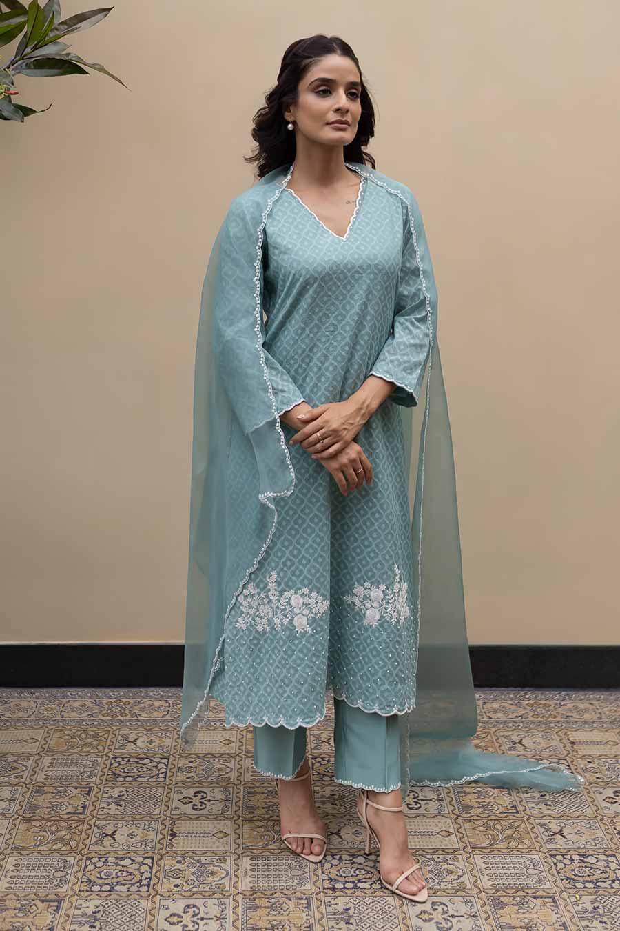 Turquoise Banarasi Chanderi Embroidered Kurta Set