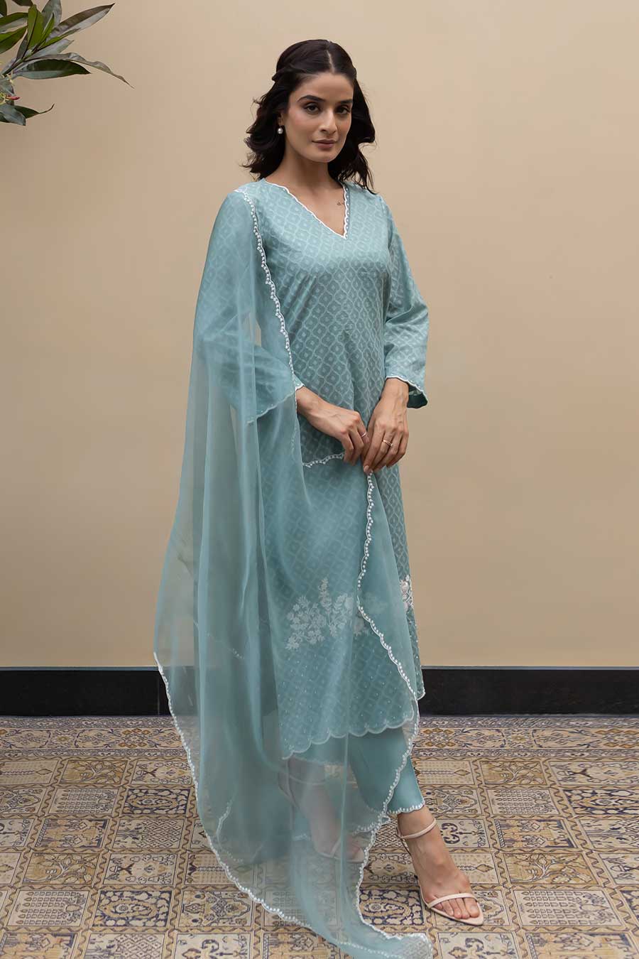 Turquoise Banarasi Chanderi Embroidered Kurta Set